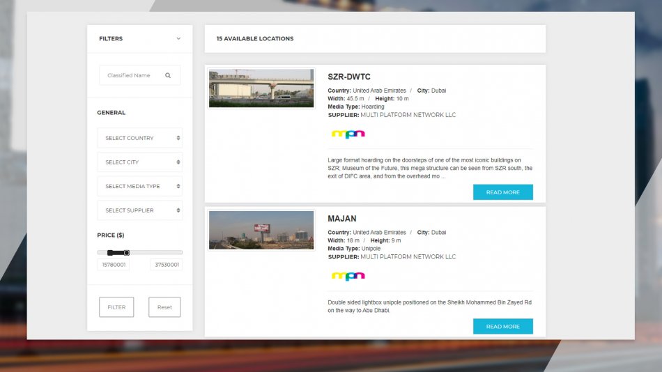 The Media Locator - Listing filters by location and budget