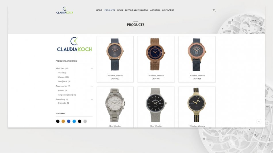 Claudia Koch Watches - Shop page with filters such as category and watch color