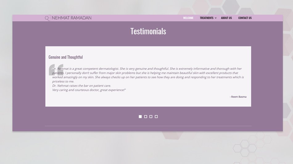 Dr Nehmat Ramadan Dermatologist  - proudly displayed client testimonials on the home page
